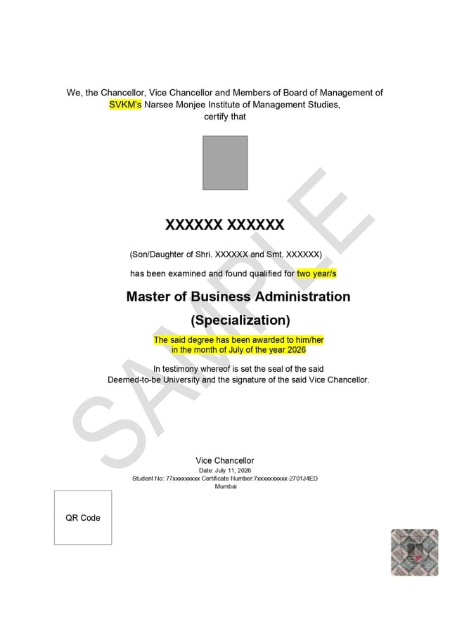 NMIMS sample degree certificate